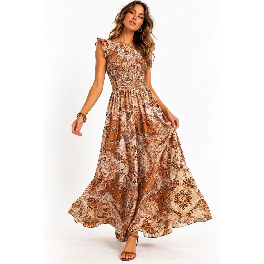 Code X Mode Boho Paisley Smocked Ruffle Sleeve Maxi Dress Medium